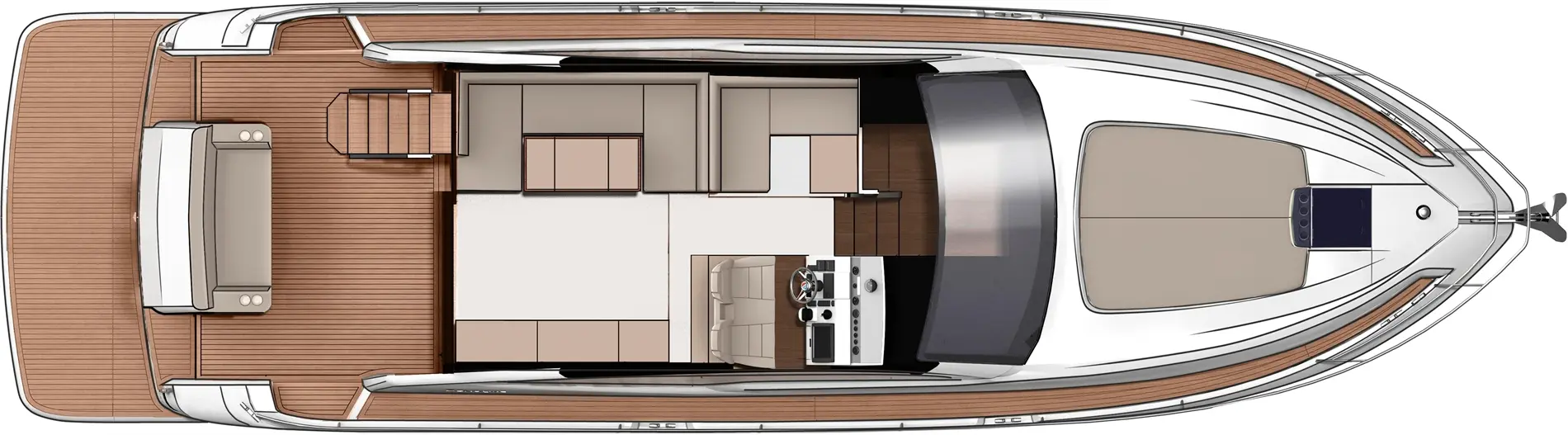 Top view of a modern boat interior featuring a steering console, seating area, and galley design with wooden flooring.